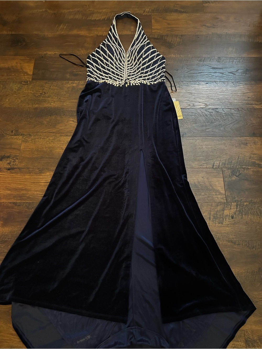 Amelia Couture Navy Velvet Halter Formal Dress with Beaded Bodice - Picture 9 of 16